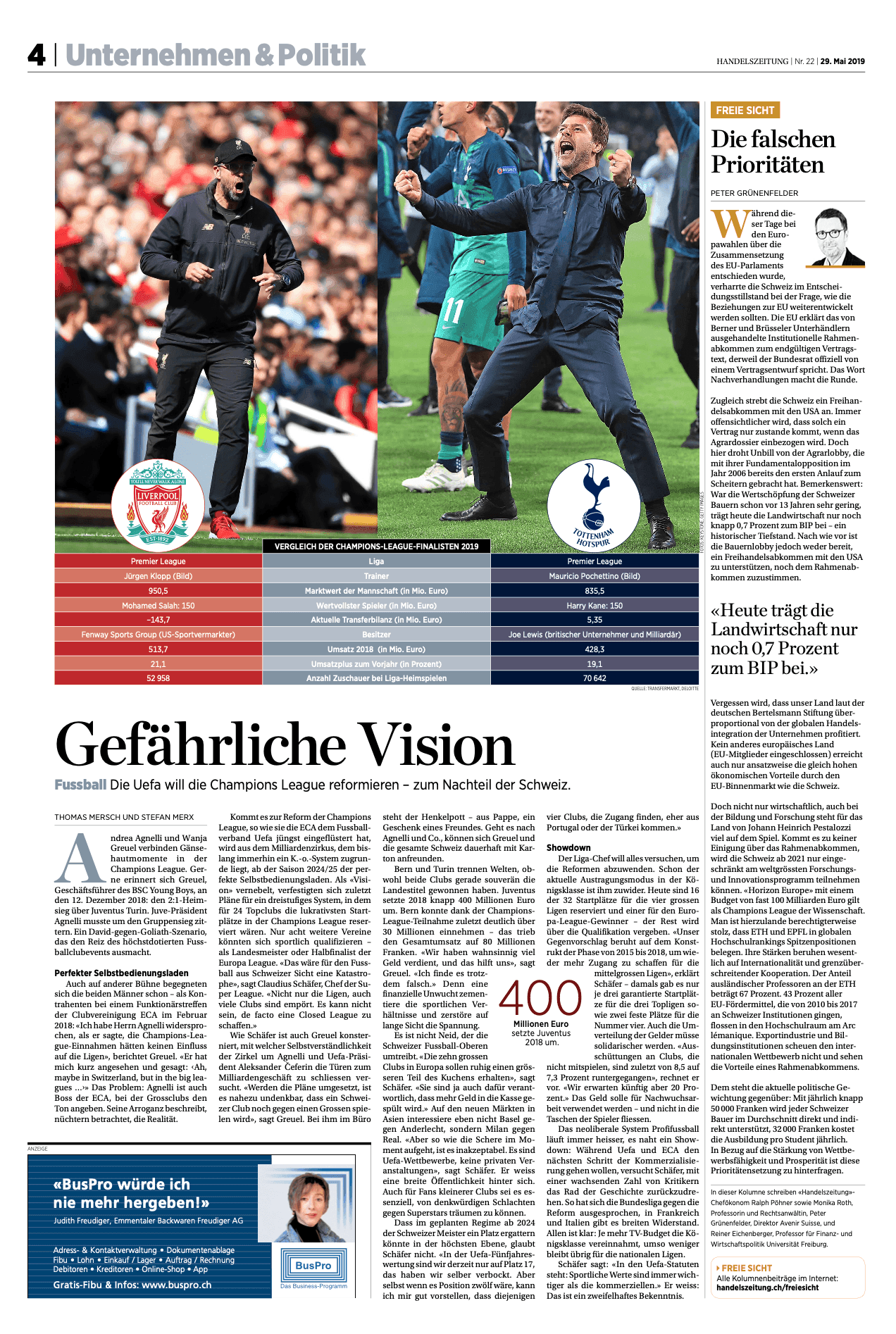 Handelszeitung, europäisches Fussballbusiness